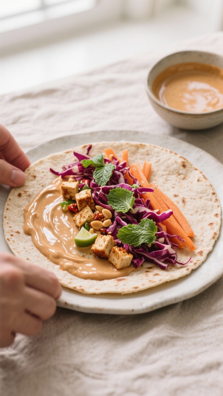 Cooking process: Spicy Peanut Veggie wrap being assembled on a warmed whole-wheat tortilla, with a g