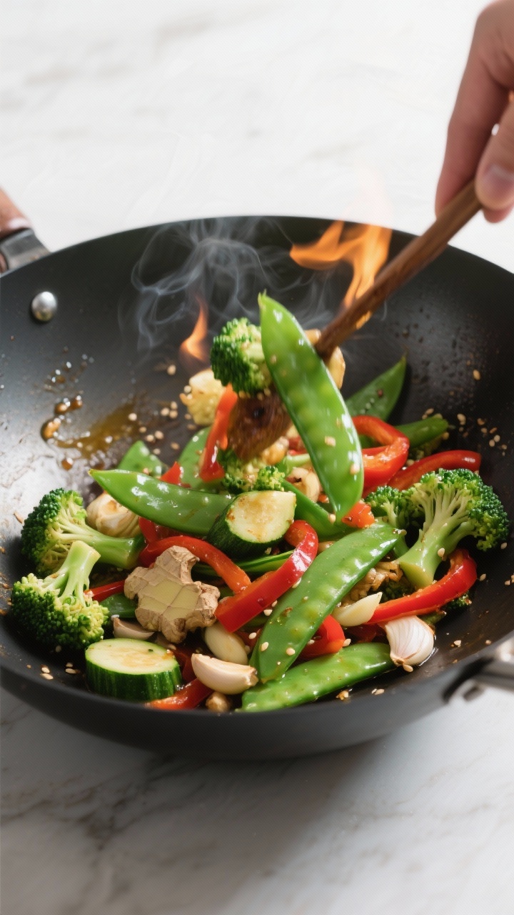 Cooking process: Stir-fried veggies being tossed in a wide skillet—broccoli florets and snap peas 