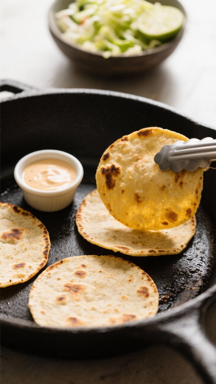 Cooking process: Street-style corn tortillas toasting in a dry cast-iron pan, light char spots and p