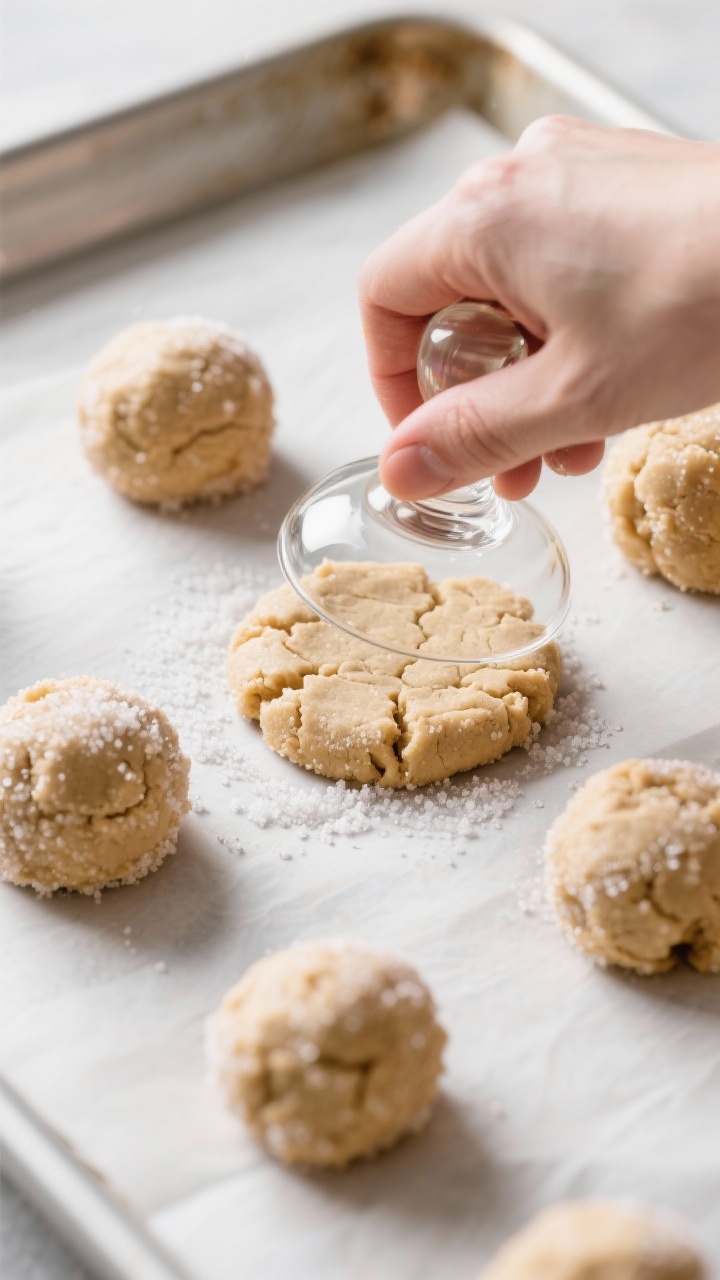 Cooking process: The “flatten slightly” step—tablepoon-sized cookie dough balls (already rolle