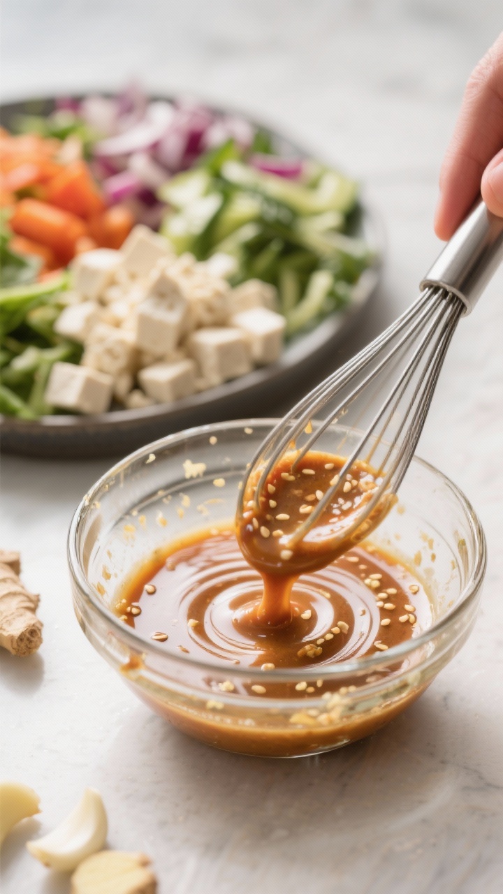 Cooking process: The dressing being whisked to a glossy emulsion in a small glass bowl—visible fle