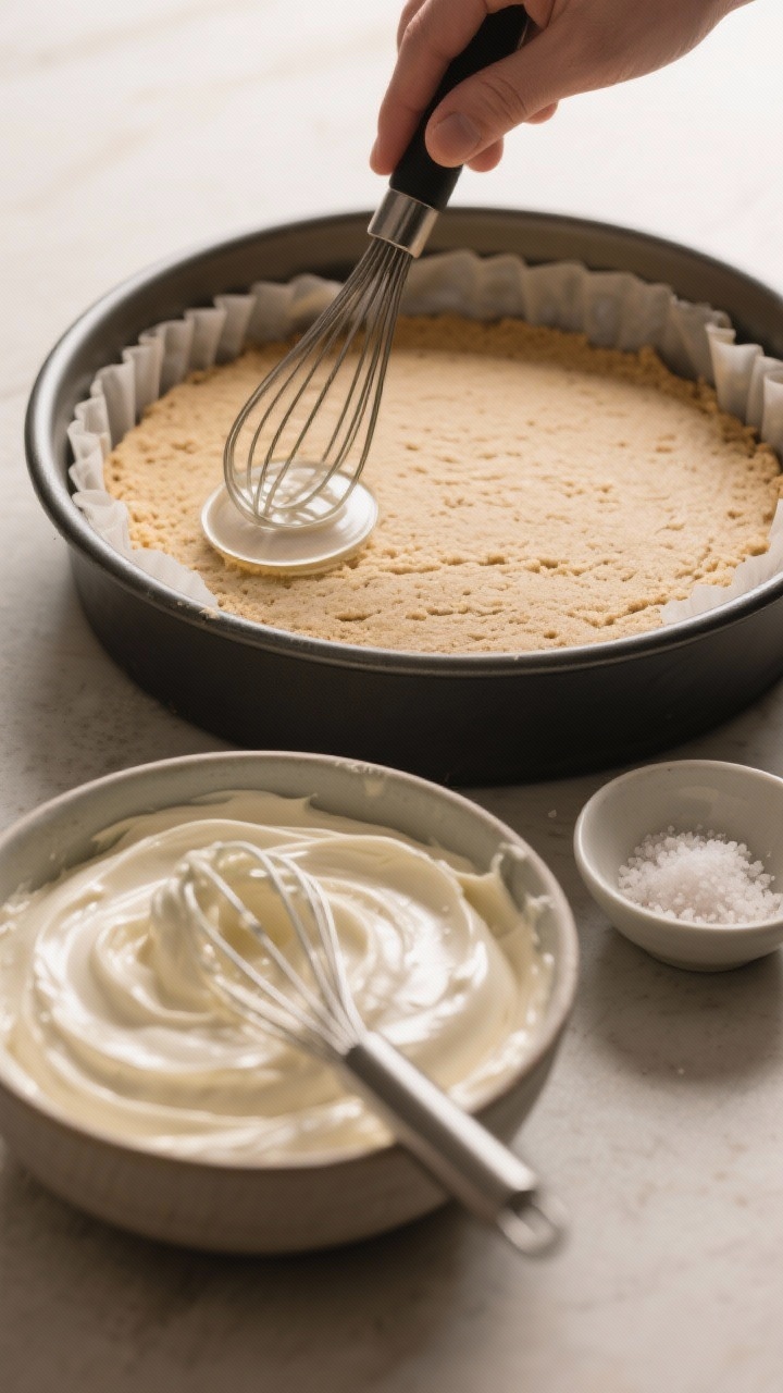 Cooking process: The pressed base stage in the lined pan, already smoothed into an even layer using 