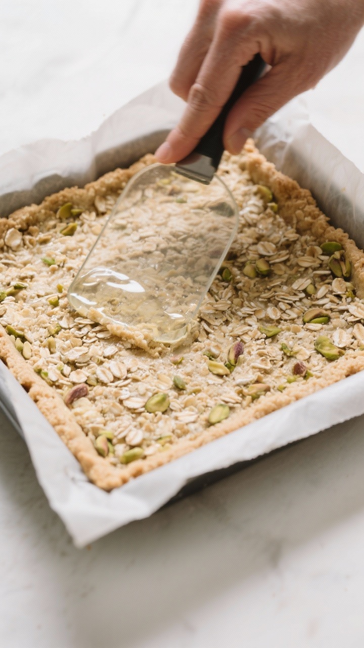 Cooking process: The pressed crust layer in an 8-inch parchment-lined square pan being smoothed and 