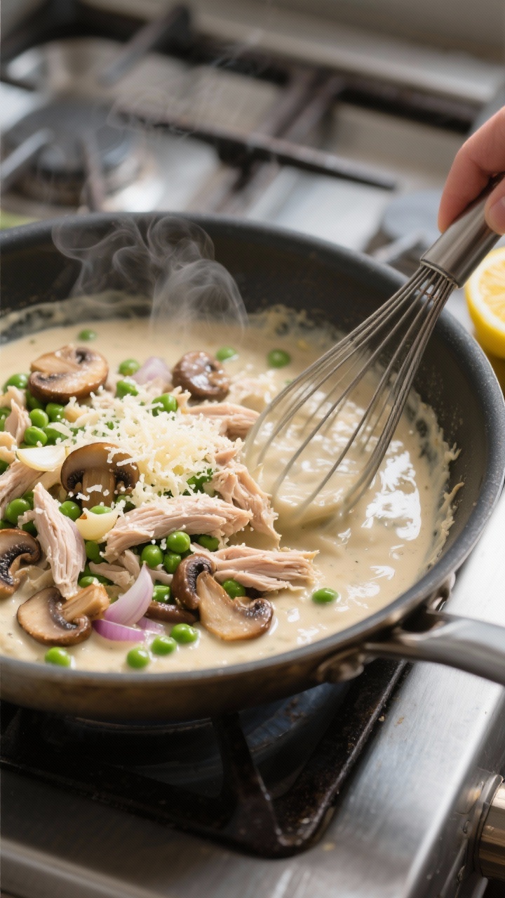 Cooking process: The sauce step in a large skillet—silky cream-of-mushroom-based sauce being stirr