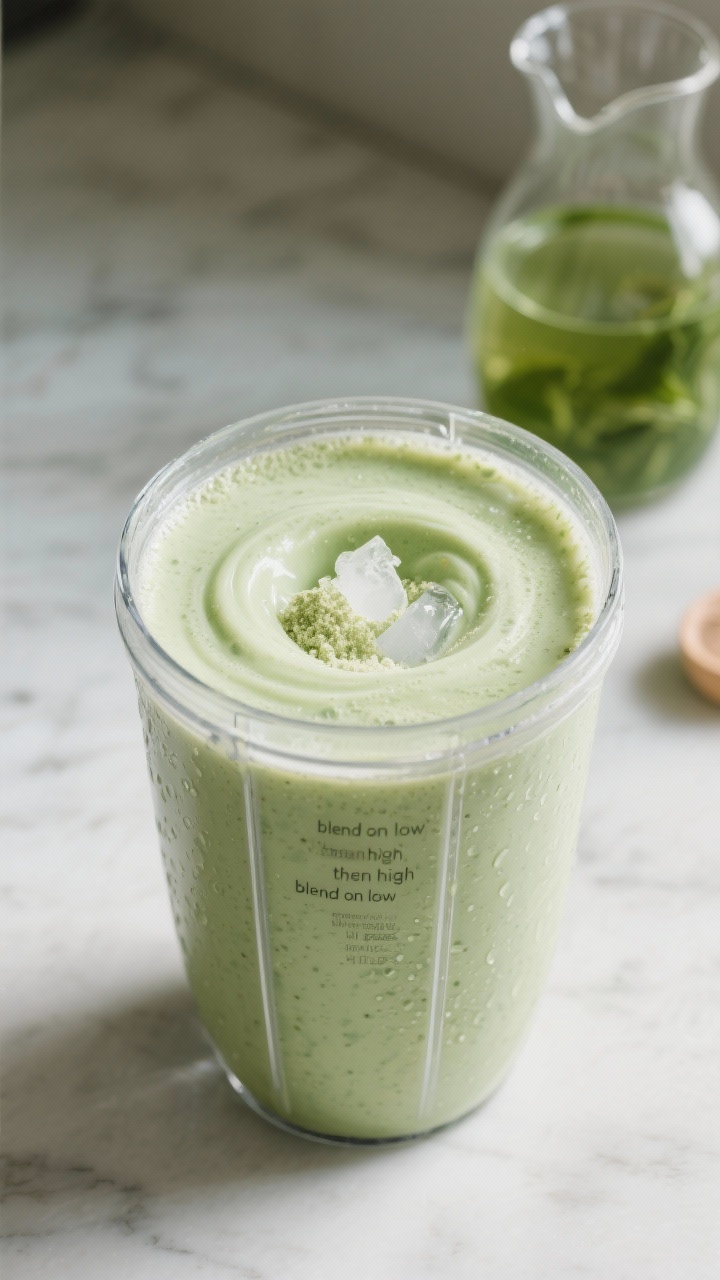 Cooking process: The smoothie mid-blend in a transparent blender jar after the “blend on low, then