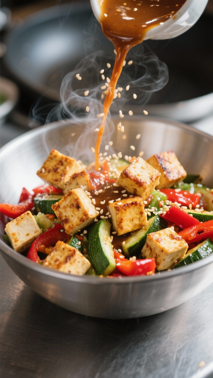 Cooking process: Tofu Power Bowl build in progress—golden, oven-crisped tofu cubes being tossed wi
