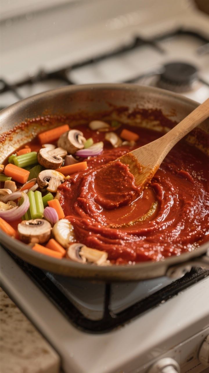 Cooking process: Tomato paste being caramelized in the pot after sautéing onions, carrots, celery, 