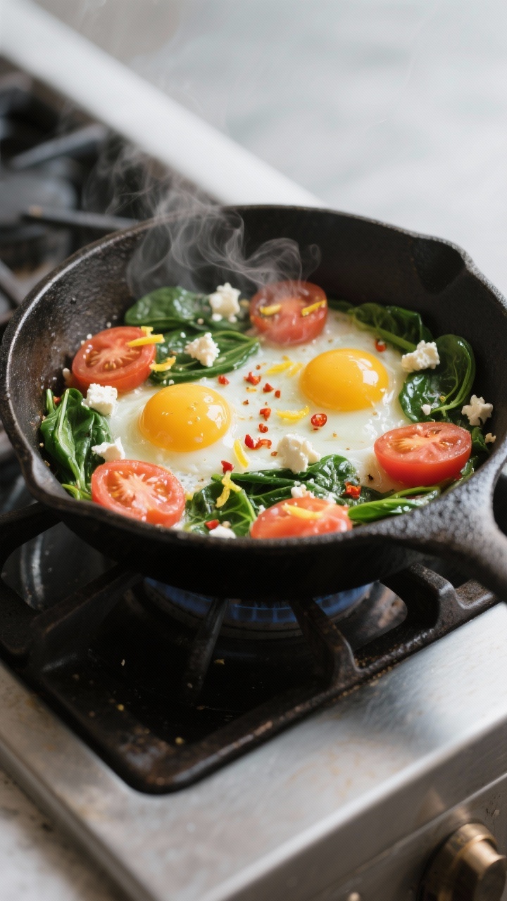 Cooking process: Tomato, Spinach & Feta Egg Skillet mid-cook, eggs gently set with runny yolks nestl