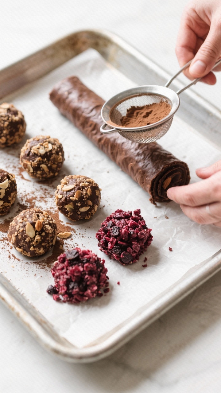 Cooking process: Two-Bite Brownie Protein Bites being rolled and finished—overhead shot of a parch