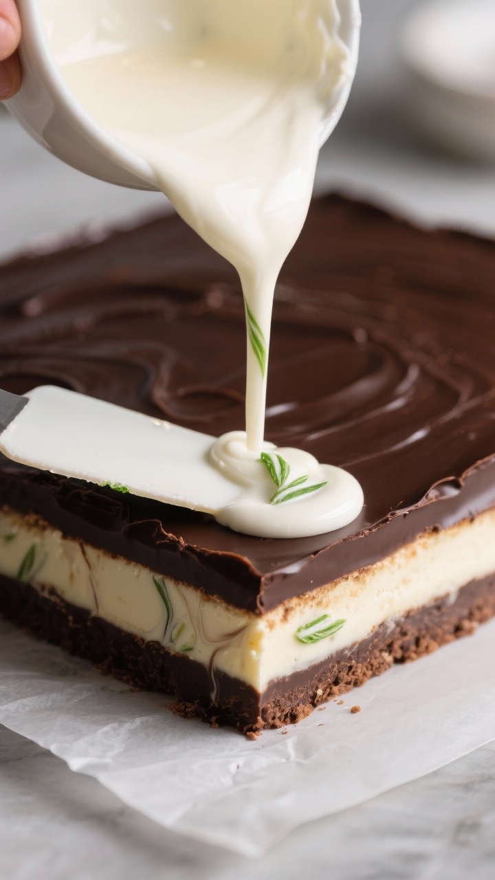 Cooking process: White chocolate infused with peppermint being poured in a smooth ribbon over the co