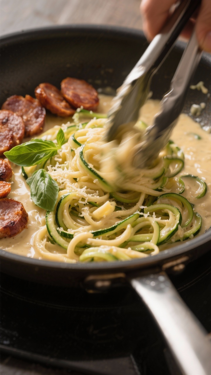 Cooking process: Zoodle Alfredo with crispy sausage being tossed in the pan; glossy Alfredo sauce (b