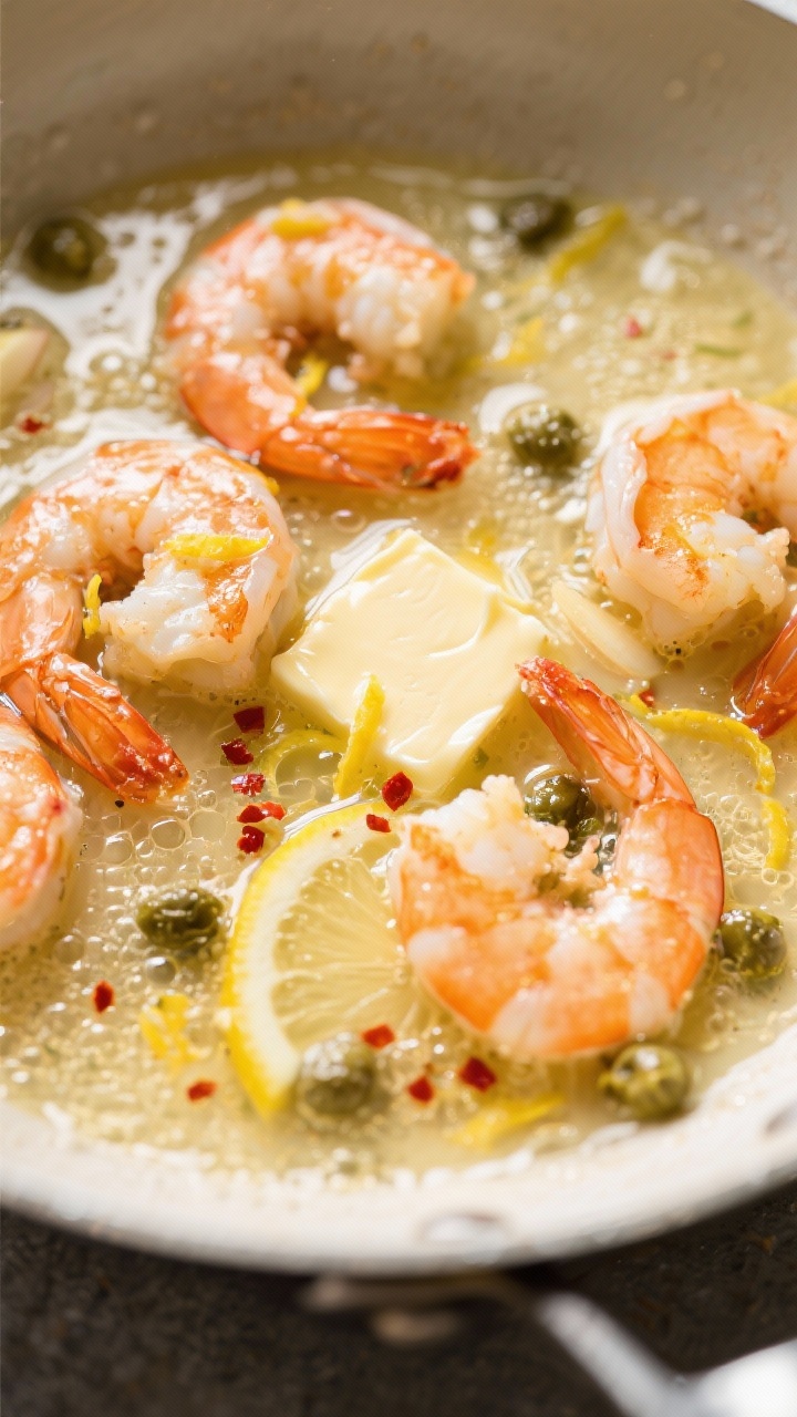 Deglaze and lemon gloss moment: Overhead shot of the scampi sauce reducing—white wine (or broth) s