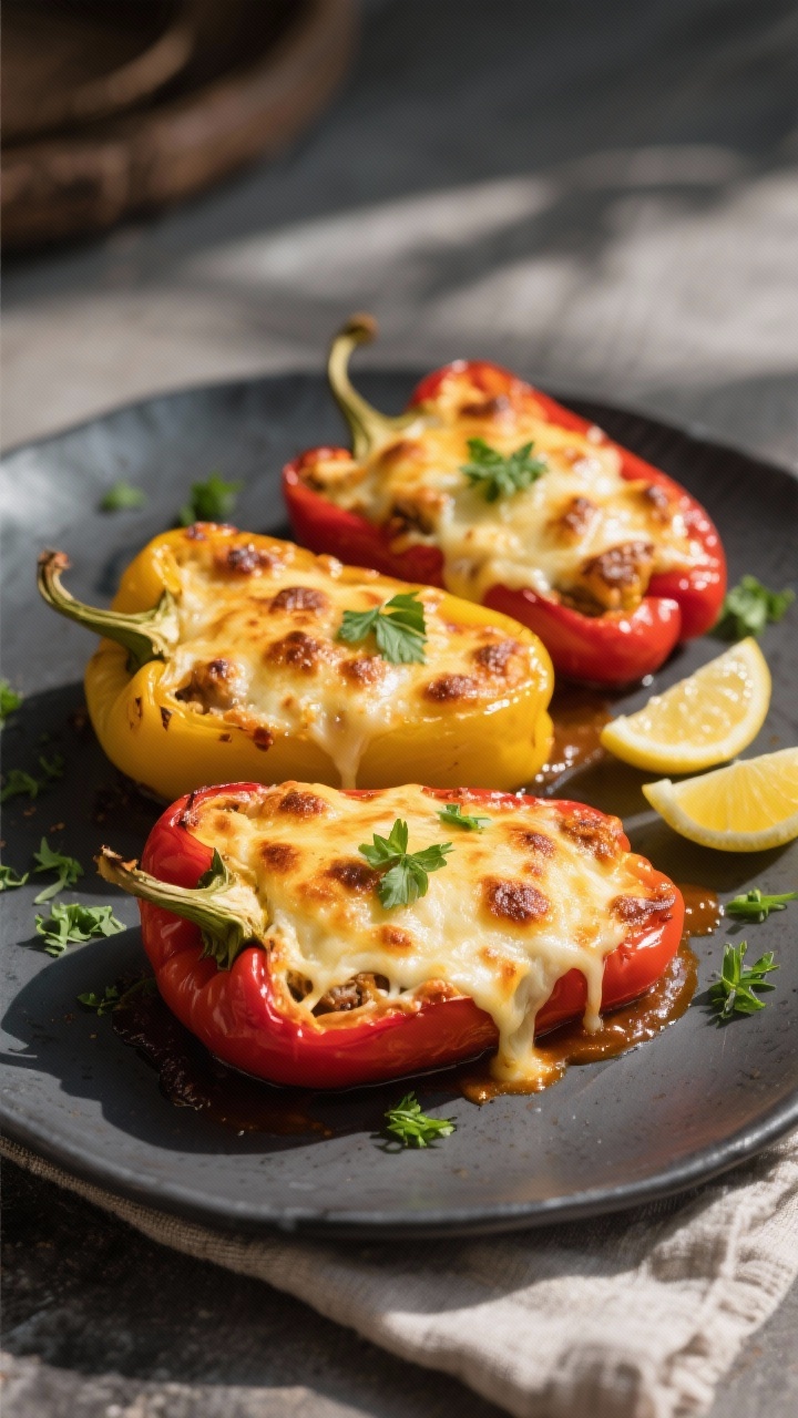 Final bake beauty shot: Three baked stuffed bell peppers in vibrant red and yellow, cheese bubbling 