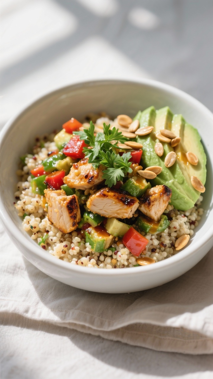 Final bowl presentation: Beautifully plated quinoa bowl topped with the chicken-veggie mixture, avoc