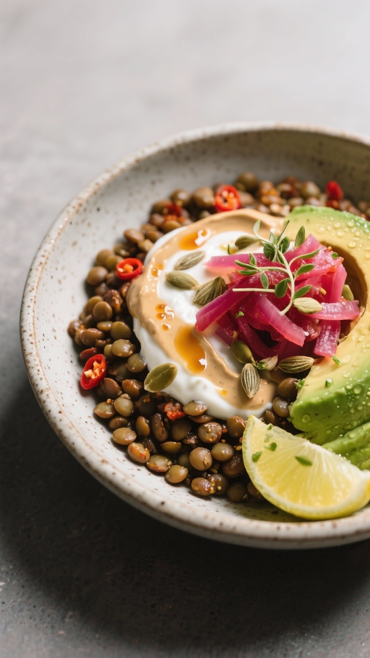 Final dish beauty: Restaurant-quality plated Spicy Lentil Power Bowl in a shallow ceramic bowl with 