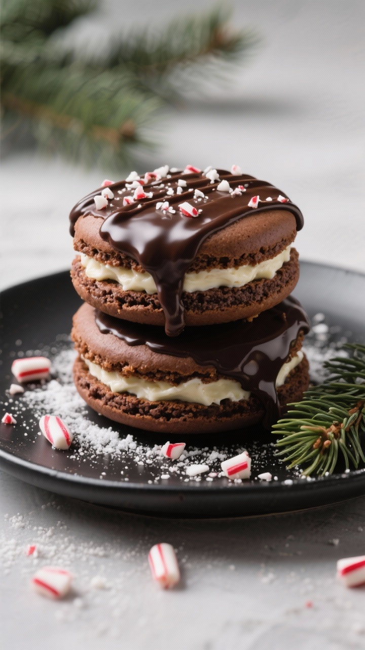 Final dish beauty: three keto peppermint chocolate whoopie pies neatly stacked on a matte black plat