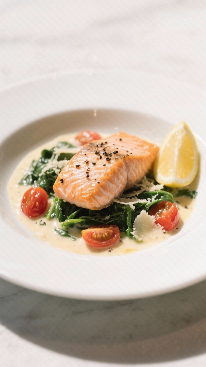 Final dish: Creamy Tuscan salmon fillets nestled in a rich Parmesan-cream sauce with wilted spinach 
