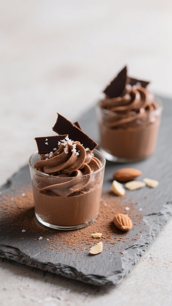 Final dish dessert: Beautifully plated Chocolate Almond Mousse, piped in swirls into small glass cup