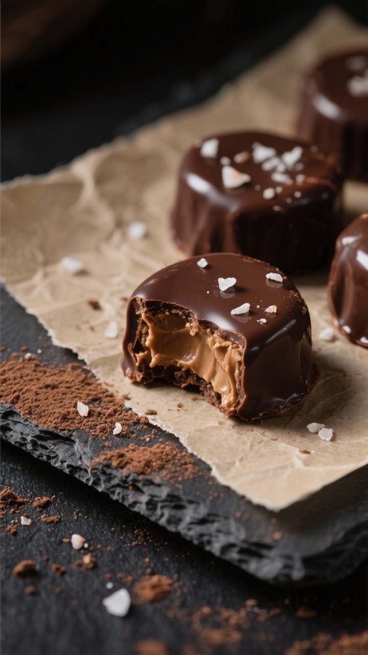 Final dish dessert presentation: No-Sugar Chocolate Peanut Butter Bites set on a parchment-lined sla