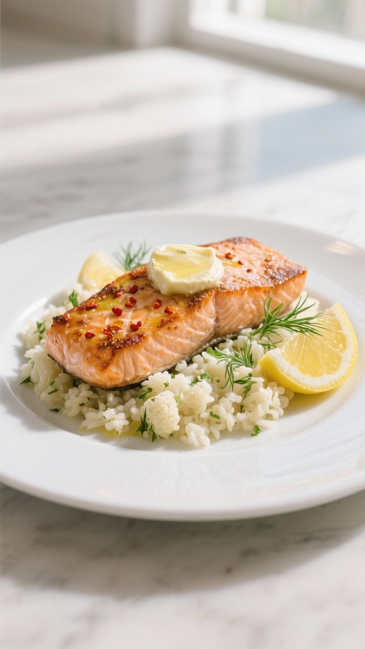 Final dish: Garlic-butter salmon fillets plated over herbed cauliflower rice on a matte white plate;