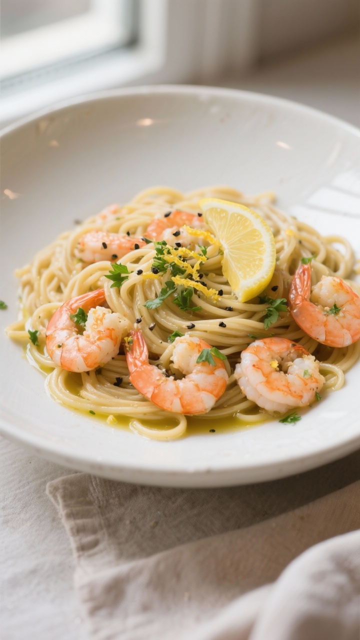 Final dish, pasta presentation: Beautifully plated gluten-free linguine shrimp scampi in a wide whit