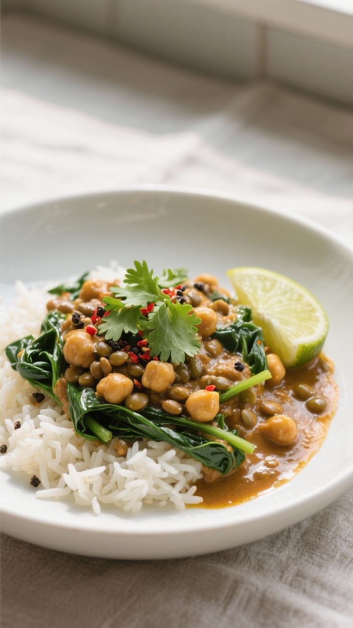 Final dish — plated over rice: Restaurant-quality plating of Chickpea and Lentil Coconut Curry lad