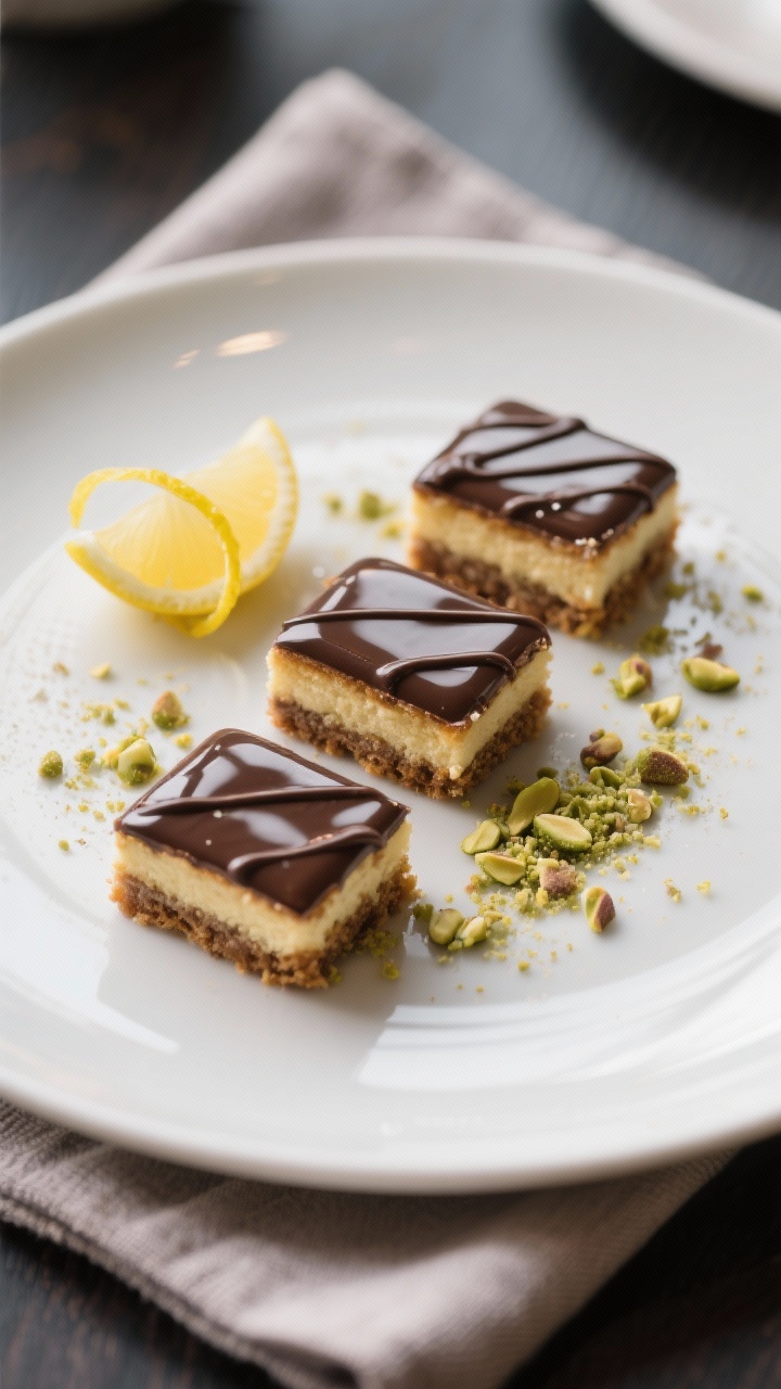 Final dish presentation: A modern dessert plate with three café-style squares arranged offset, cris
