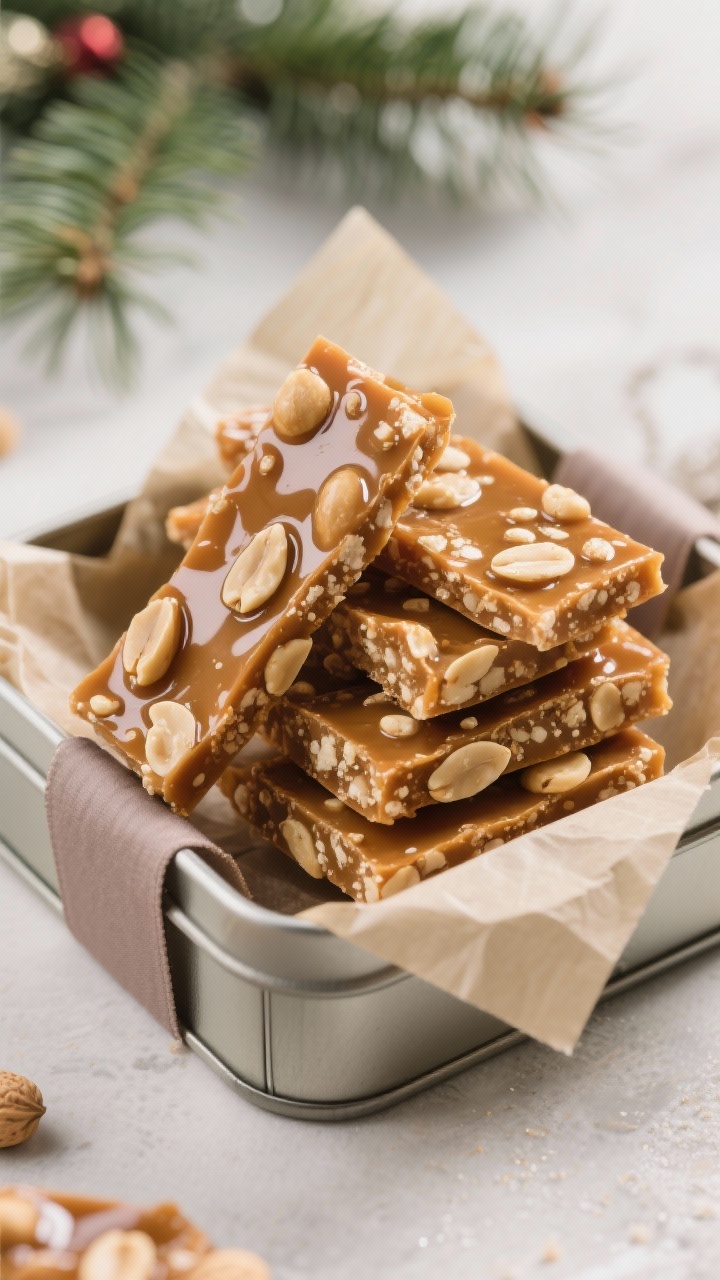 Final dish presentation: A small gift tin lined with parchment, neatly stacked glossy shards of pean
