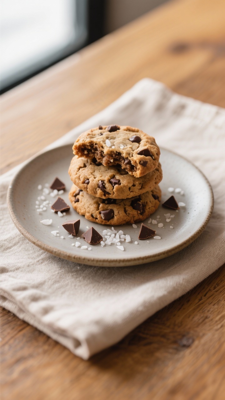 Final dish presentation: A small stack of three paleo chocolate chip cookies on a matte ceramic dess