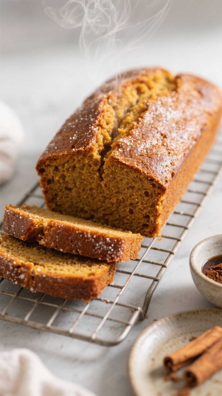 Final dish presentation: A whole baked gluten-free pumpkin loaf on a cooling rack, beautifully domed