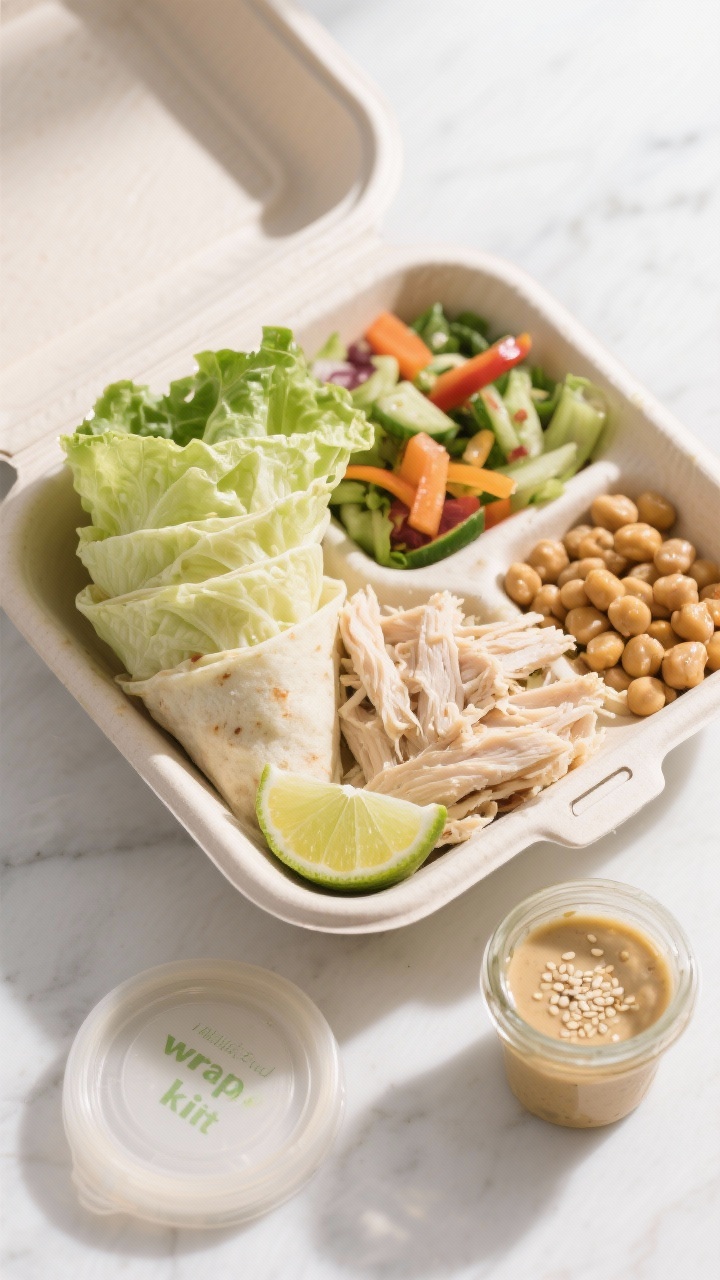 Final dish presentation: A “wrap kit” meal-prep scene featuring an open container with dry, prep