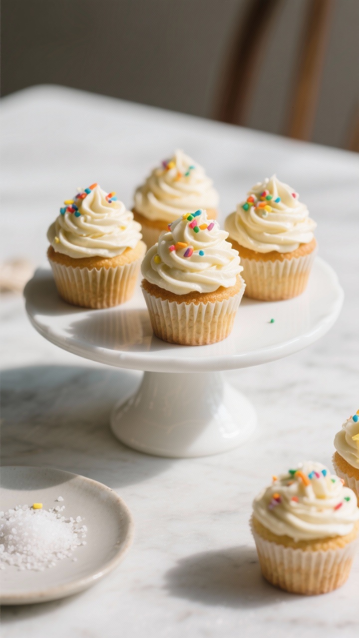 Final dish presentation: Bakery-style gluten-free vanilla cupcakes fully cooled and frosted with flu