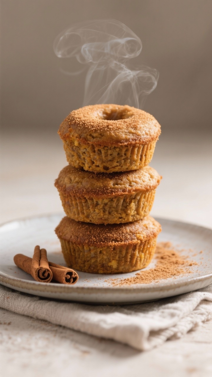Final dish presentation: Bakery-style stack of three vegan gluten-free pumpkin donut muffins on a ma