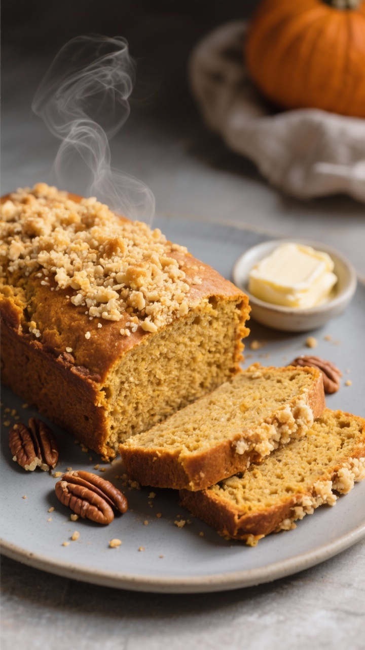 Final dish presentation: bakery-worthy gluten-free pumpkin bread loaf cooled and plated on a matte c
