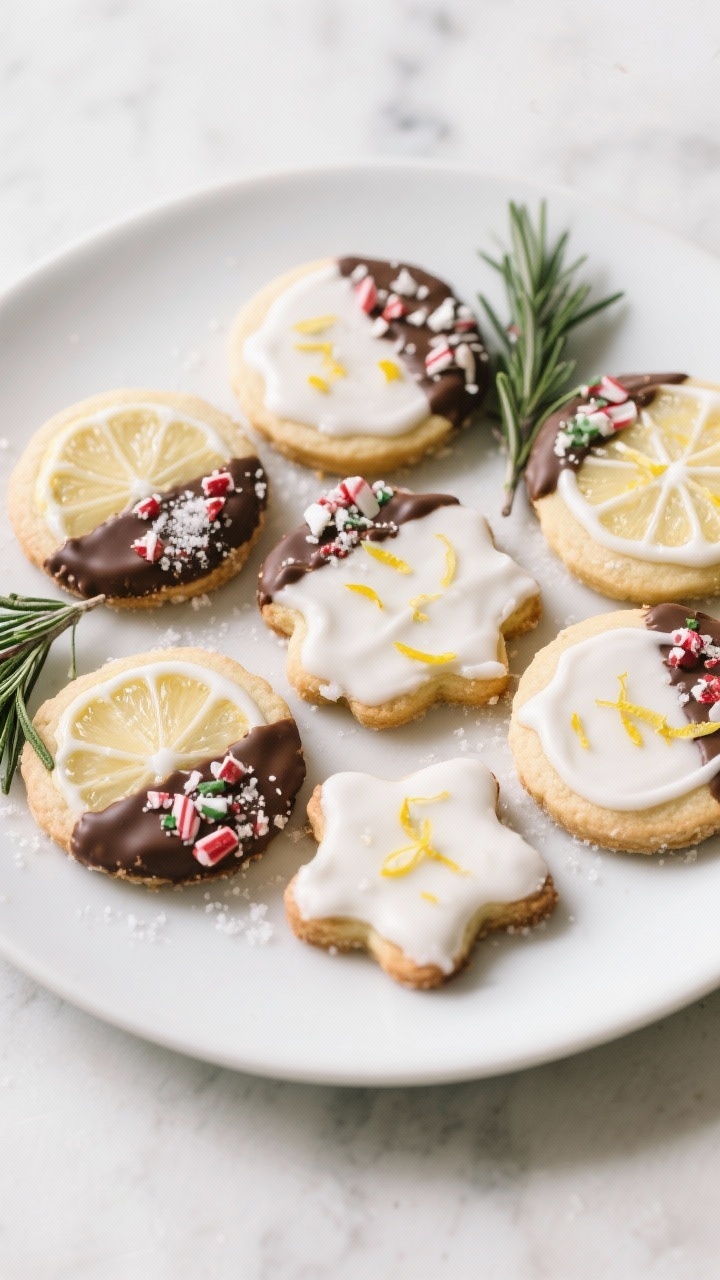 Final dish presentation: Beautifully plated assortment of iced vegan sugar cookies on a matte white 