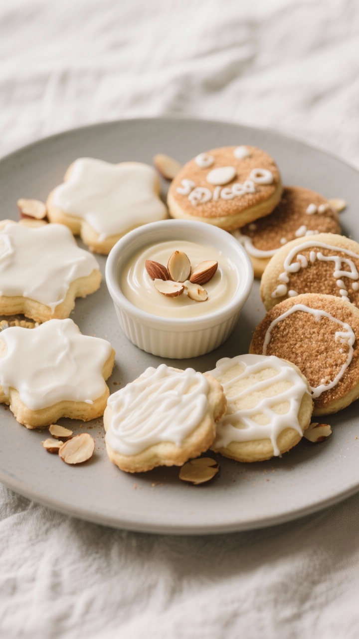 Final dish presentation: Beautifully plated assortment of decorated vegan sugar cookies on a matte c