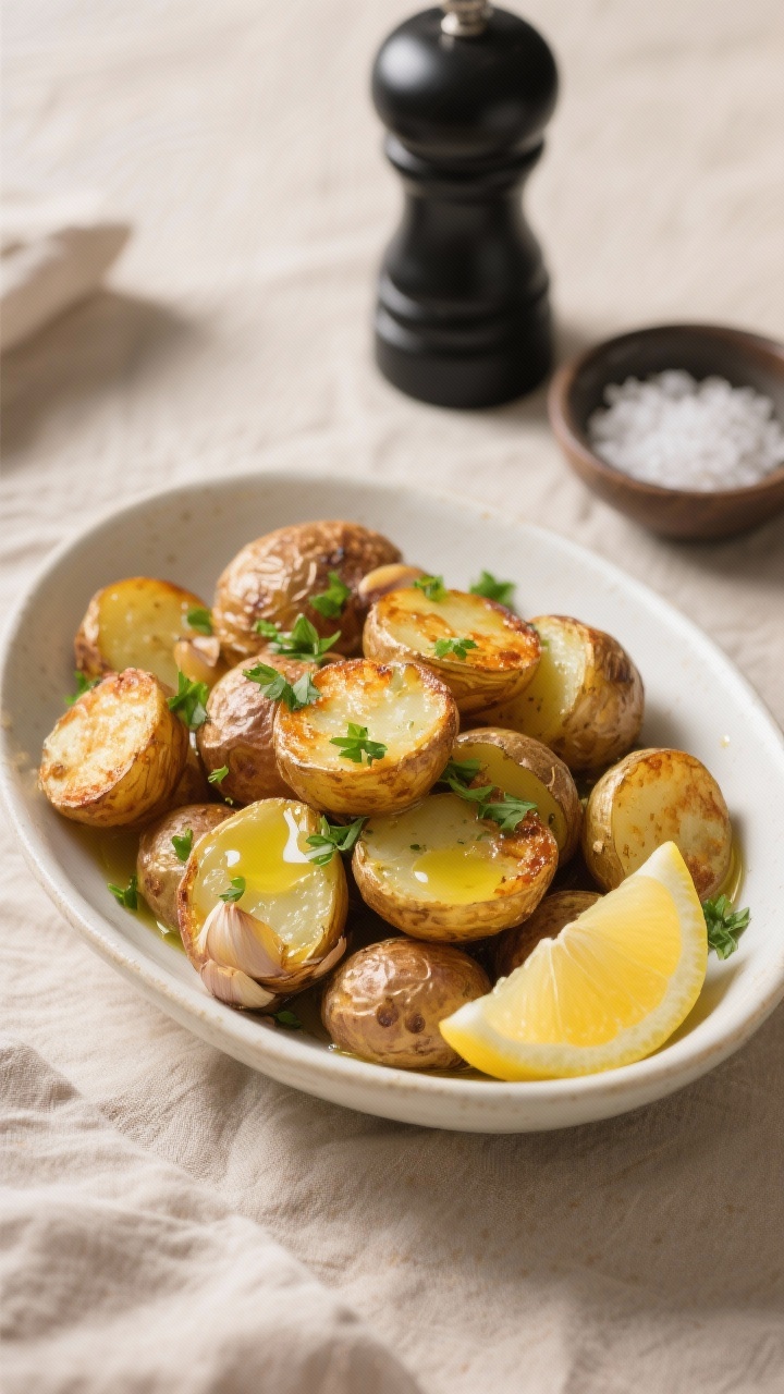 Final dish presentation: Beautifully plated crispy garlic roasted baby potatoes in a shallow white c