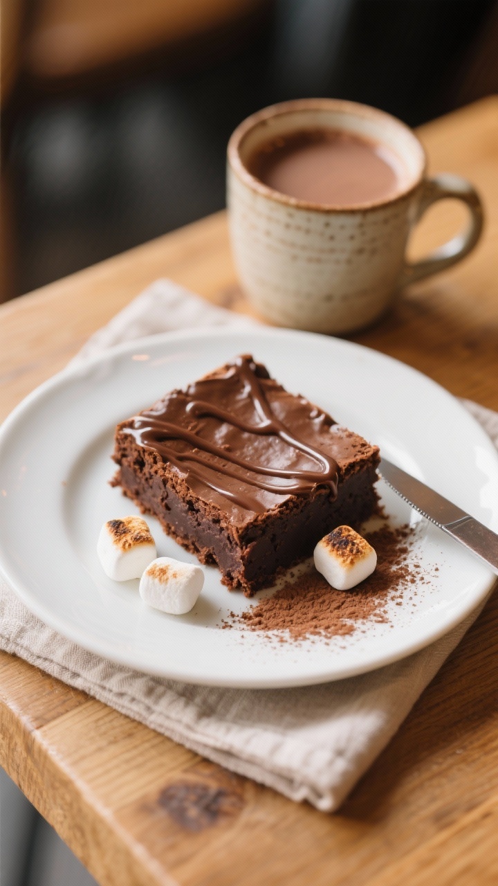 Final dish presentation: Beautifully plated hot chocolate brownie on a small white dessert plate wit