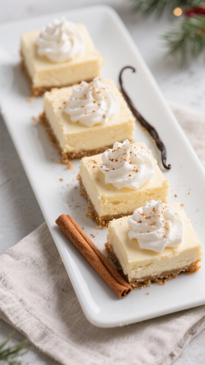 Final dish presentation: Beautifully plated keto eggnog cheesecake bars sliced into clean, even squa