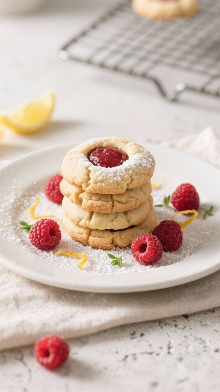 Final dish presentation: Beautifully plated keto raspberry thumbprint cookies stacked and fanned on 