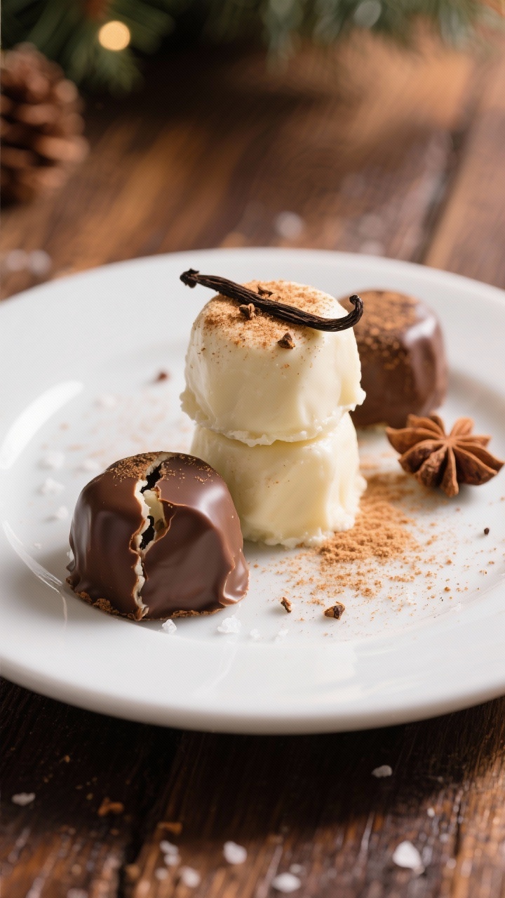 Final dish presentation: Beautifully plated Low-Carb Eggnog Fat Bombs served on a small matte white 