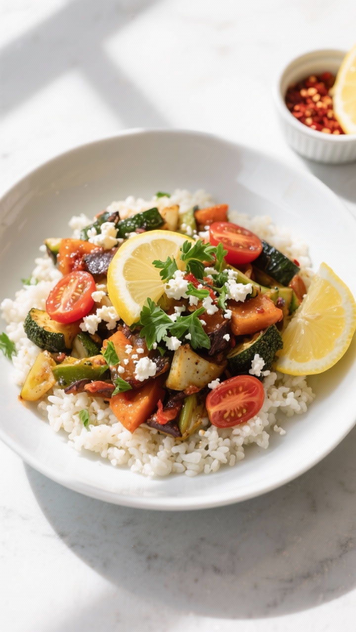 Final dish presentation: Beautifully plated One-Pan Low-Carb Veggie Skillet in a wide, shallow white