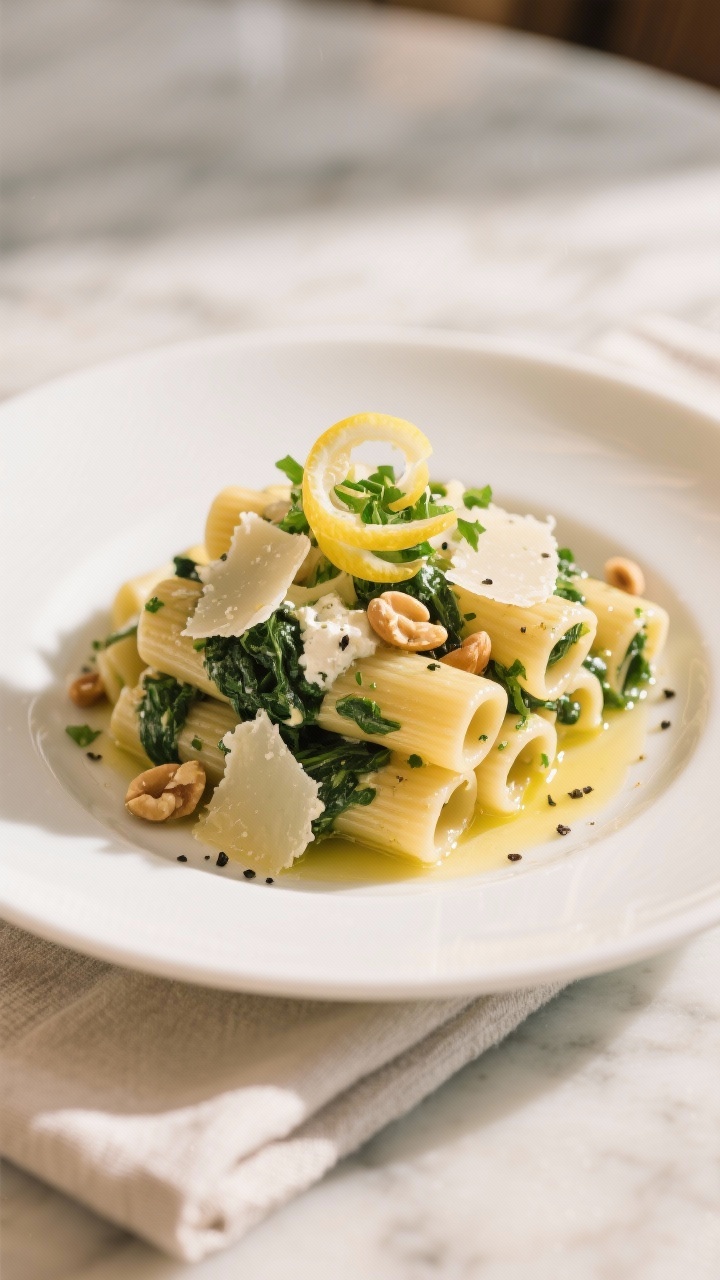 Final dish presentation: Beautifully plated rigatoni with spinach and ricotta on a warm white coupe 
