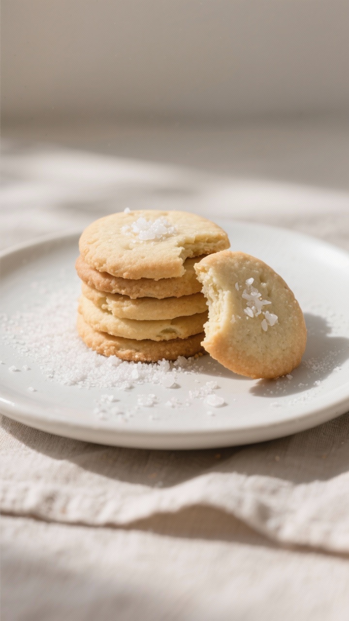 Final dish presentation: Beautifully plated stack of vegan sugar cookies on a matte white plate with