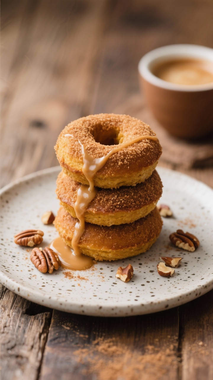 Final dish presentation: Beautifully plated stack of three almond flour pumpkin donuts coated in cin