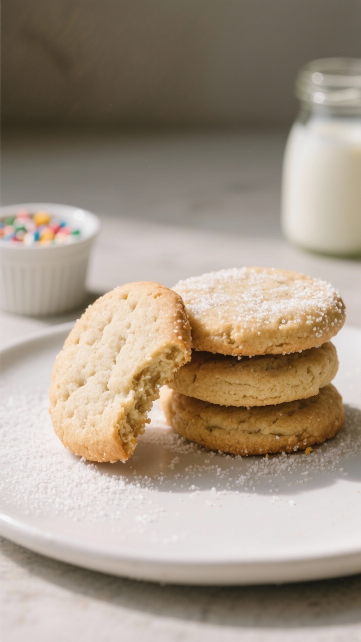 Final dish presentation: beautifully plated stack of gluten-free vegan sugar cookies on a matte whit