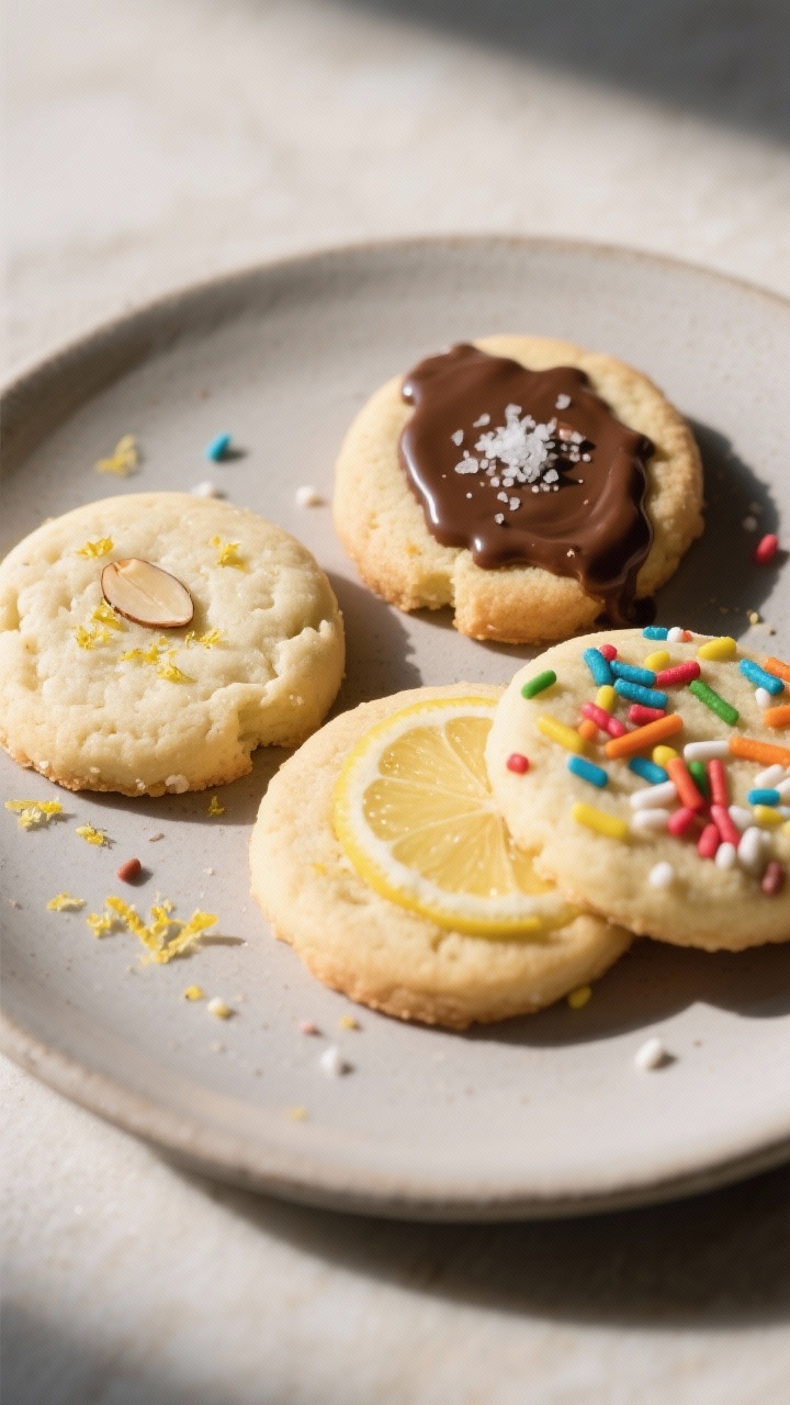 Final dish presentation: Beautifully plated trio of vegan sugar cookie variations on a matte ceramic