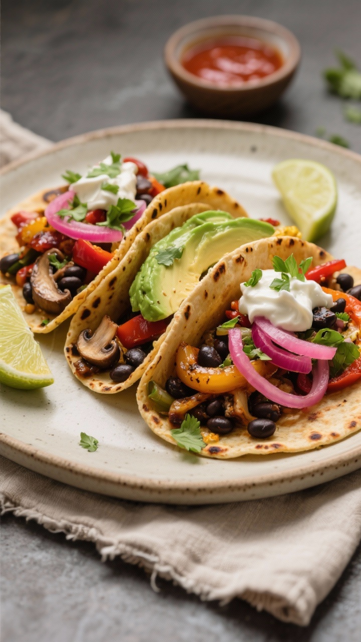 Final dish presentation: Beautifully plated vegan fajitas assembled on warm, lightly charred corn to