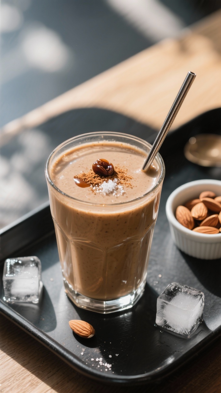 Final dish presentation: Beautifully styled Coffee Protein Smoothie in a double-walled glass, thick 