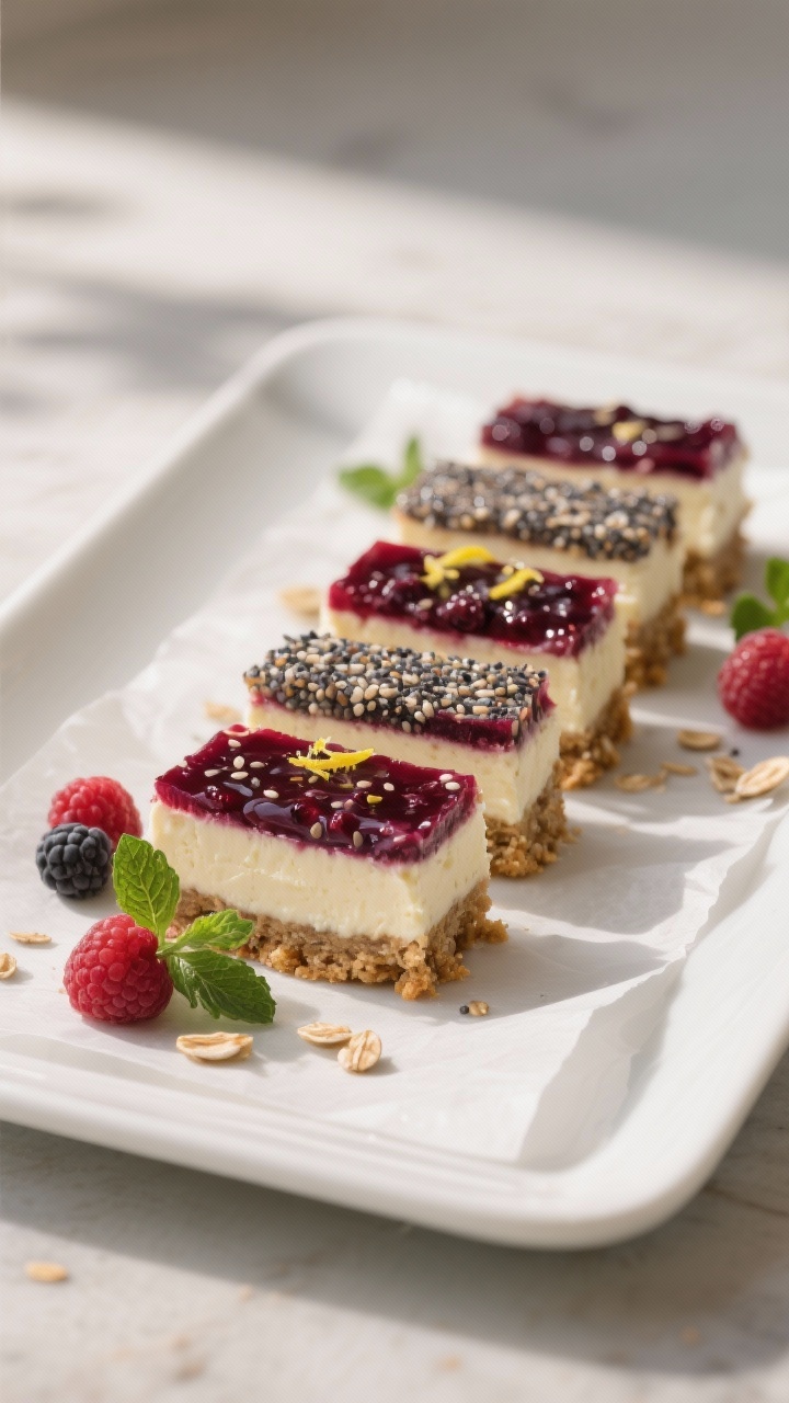 Final dish presentation: Berry Chia “Cheesecake” Bars sliced cleanly to showcase distinct layers